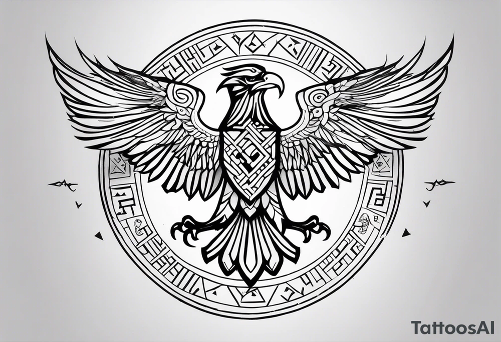 Polish eagle surrounded by viking runes sitting on the tree of life, scattered random geometric shapes and ancient artifacts, include Bruce Springsteens simply the best song tattoo idea