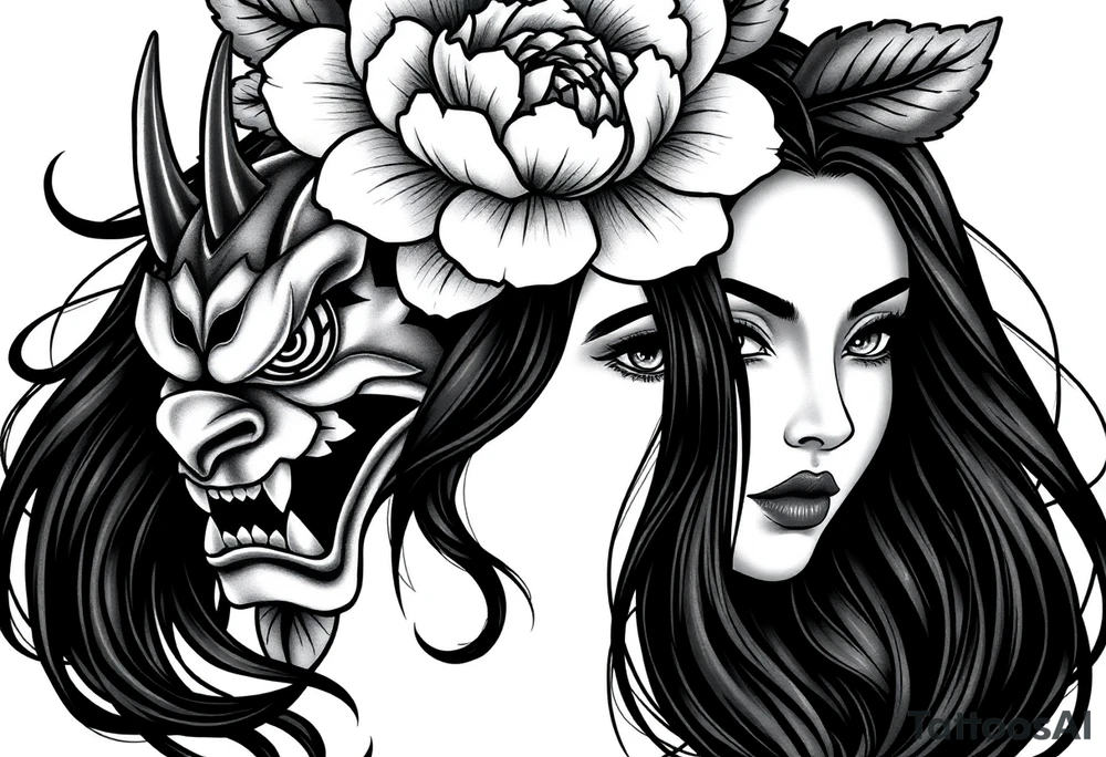 black-and-grey tattoo-style design that blends multiple symbolic elements into one cohesive piece.
At the center is a woman’s face, rendered with delicate shading and lifelike detail. Her expression is calm and contemplative, her eyes soft yet intense, drawing the viewer’s focus. Flowing black hair frames her face and cascades downward, contrasting against the lighter tones around her.
On the left side of her face, her features transition seamlessly into a Japanese Oni mask. The mask is fierce and dramatic, with sharp angles, a snarling mouth, and an intimidating eye, embodying power, danger, and hidden darkness. This creates a dramatic duality — half beauty, half demon — representing the contrast between inner peace and inner struggle, or perhaps the balance of light and dark within a person.
Above the head, there is a large, blooming peony flower surrounded by bold, layered leaves. The peony, a traditional motif in Japanese tattoo art, symbolizes beauty, honor, wealth, and resilience. Its detailed petals soften the intensity of the Oni mask and add elegance to the design.
Wrapping around the composition is a thick rope, a common feature in Japanese art that often signifies binding, strength, or fate. It weaves through the mask, flowers, and around the woman, visually tying the elements together.
At the bottom, more floral details balance the composition, with another blooming flower integrated beneath the mask and woman’s chin, completing the design with harmony and flow. tattoo idea