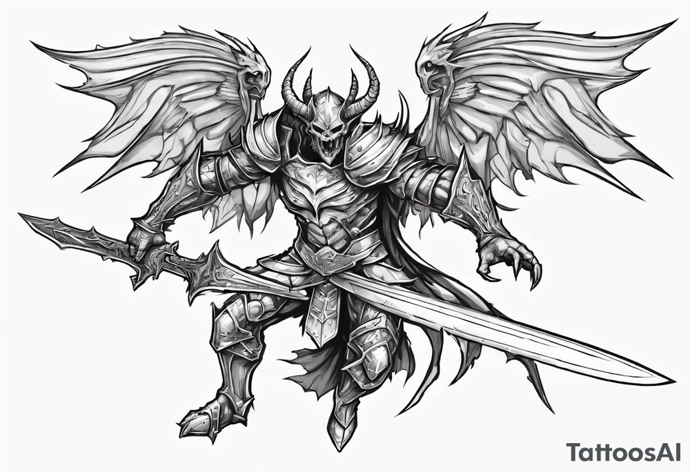 A winged light demon wearing armor that is in mid-air with his two-handed sword about to attack in isometric view. tattoo idea