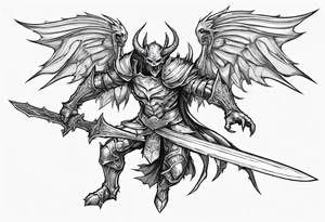 A winged light demon wearing armor that is in mid-air with his two-handed sword about to attack in isometric view. tattoo idea