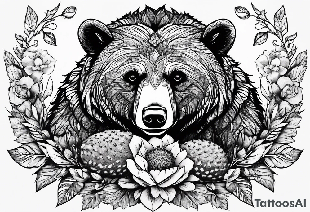 bear lying and has tiny hedgehog in his hands tattoo idea bear lying and has tiny hedgehog in his hands tattoo idea