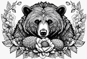 bear lying and has tiny hedgehog in his hands tattoo idea