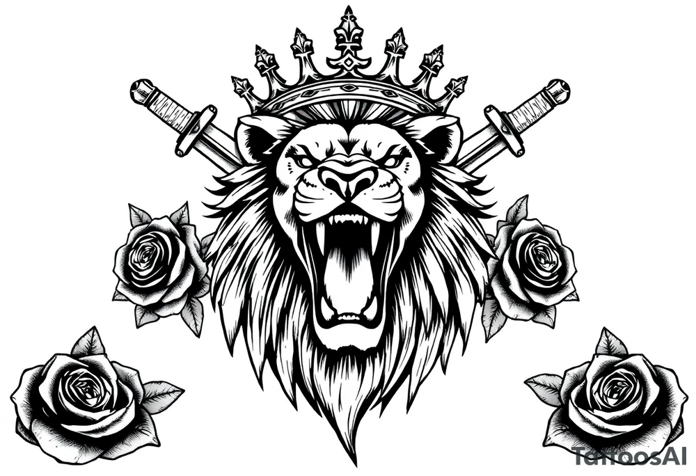 Fierce lion roaring, regal crown tilted, crossed swords framing its mane, dark roses. tattoo idea