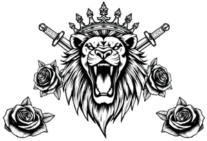 Fierce lion roaring, regal crown tilted, crossed swords framing its mane, dark roses. tattoo idea