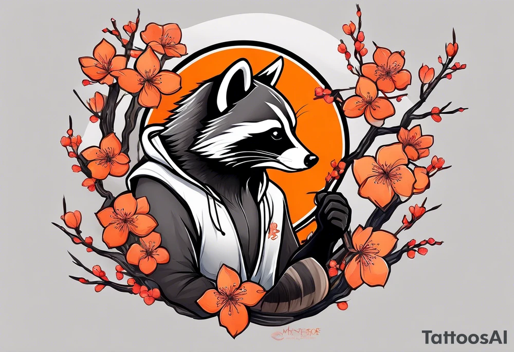 Raccoon wearing a white Superman logo on a black hoodie and orange Japanese cherry blossoms beside tattoo idea