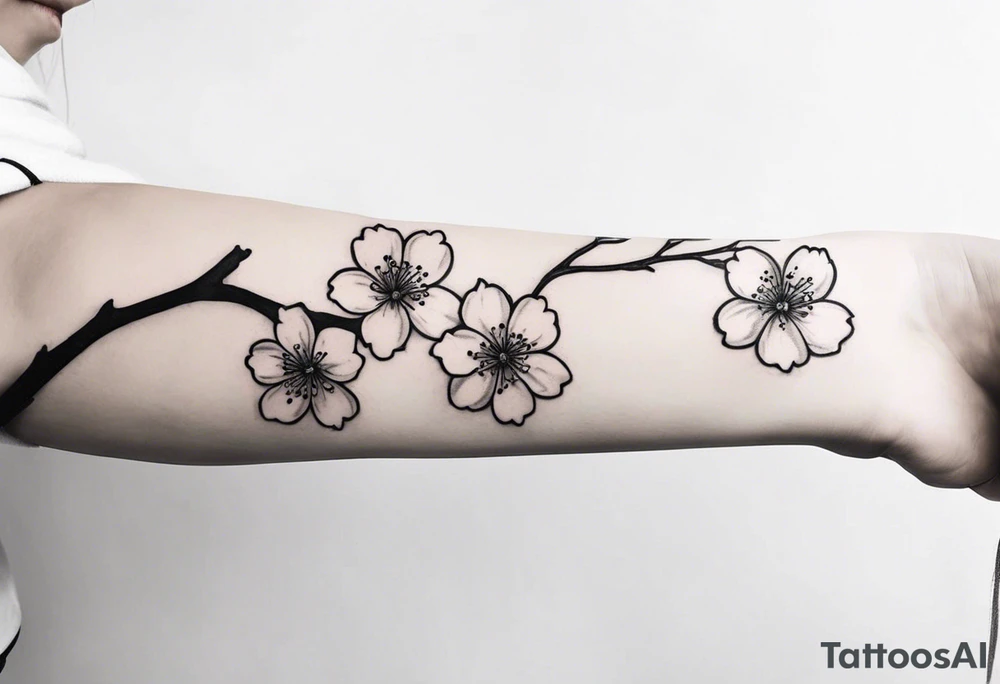 cherry blossom branch going from shoulder to wrist, wrap around bicep tattoo idea