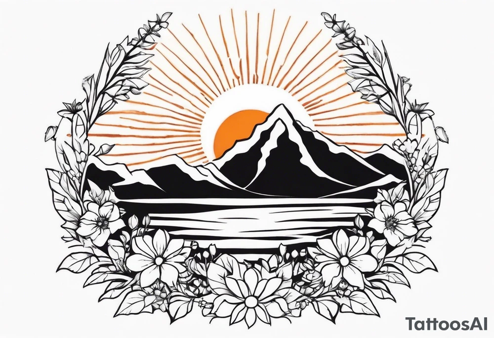 A floral wreath around a brilliant rising sun tattoo idea