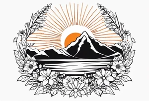 A floral wreath around a brilliant rising sun tattoo idea