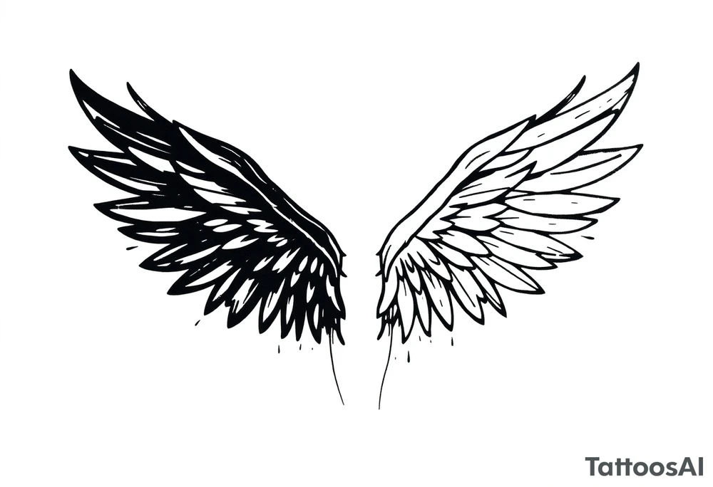 the wings go up

This tattoo design features a pair symmetrical angel wings drawn in black ink with a rough, sketch-like style. The left wing is darker, more defined, and appears denser, while the right wing is lighter, more delicate, and fragmented, creating a contrast between the two. The feathers are sharp and irregular, with fine lines and stray strokes extending outward, adding a raw and artistic feel. The overall look is dynamic and slightly chaotic, giving the impression of movement or an unfinished, ethereal form. This design symbolizes duality, freedom, transformation, or even struggle, making it a meaningful and visually striking tattoo. tattoo idea