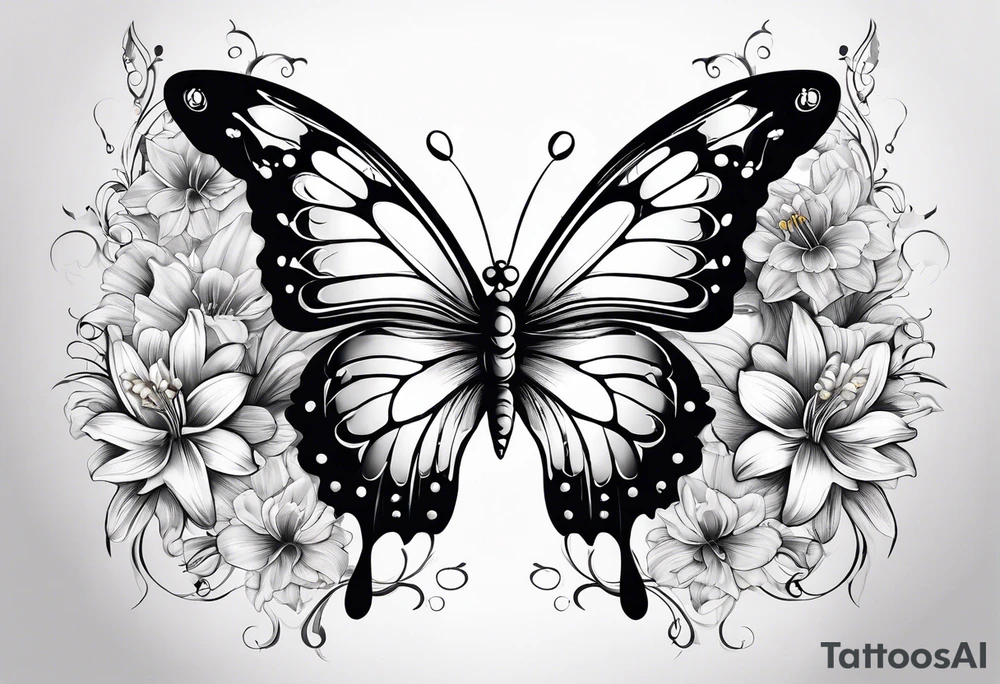 Butterfly with one side of the butterfly wings has angel feathers, the otherside of the butterfly wing shaped out of lily flowers. Add daffodil and daisy’s around the top and bottom tattoo idea