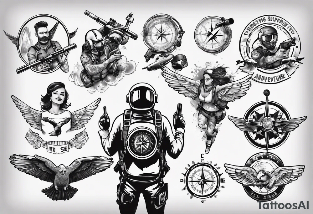 skydiving, shooting guns, compass, adventure tattoo idea
