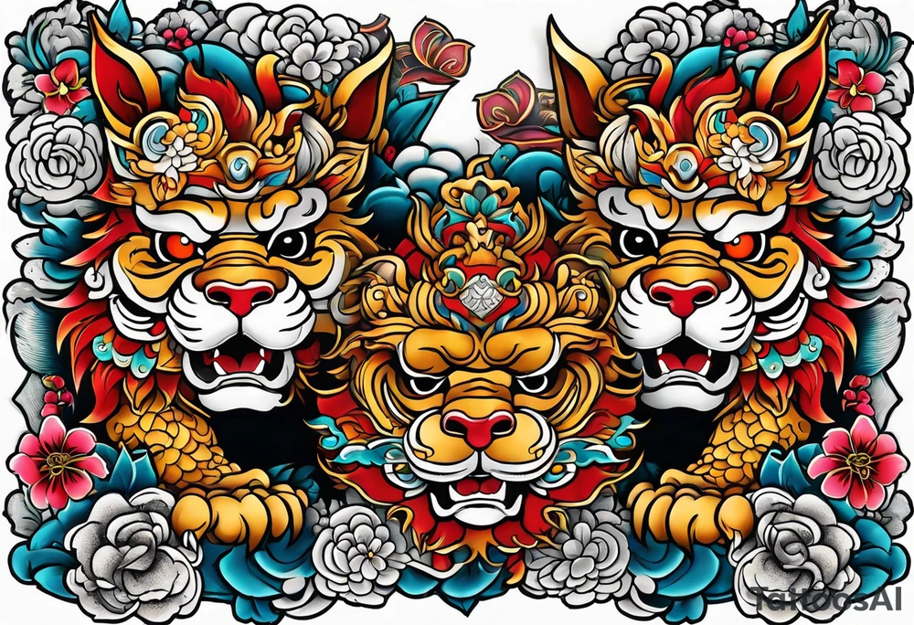 Okinawa style twin shisa dogs, chest/pecs, Yakuza style tattoo idea
