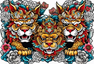 Okinawa style twin shisa dogs, chest/pecs, Yakuza style tattoo idea