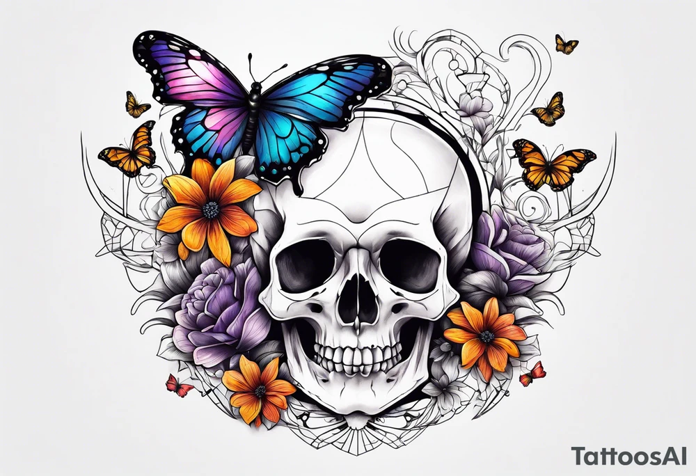 rib bones with flowers surrounding it and butterflies tattoo idea