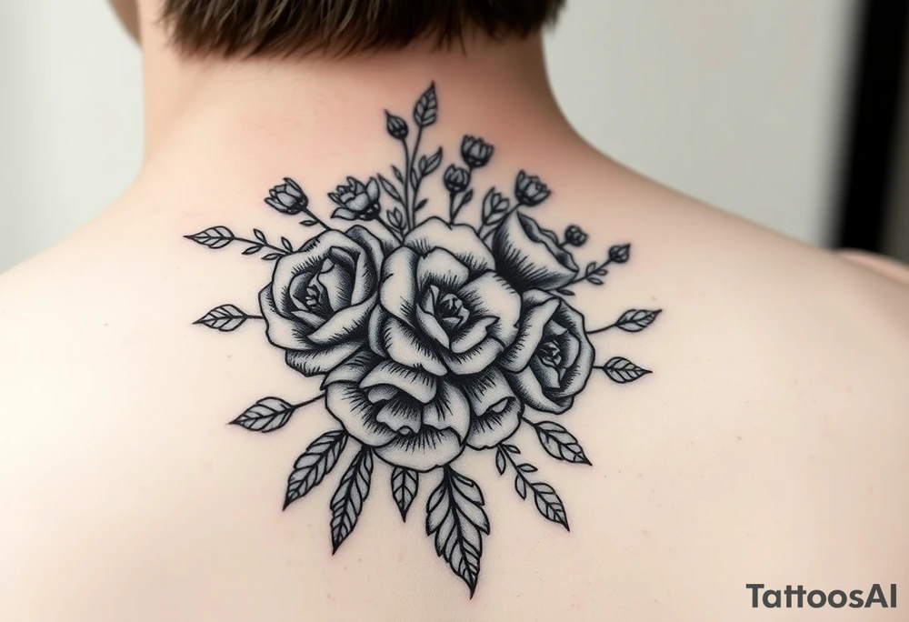 vintage bouquet of wild roses and meadow flowers with morning dew tattoo idea