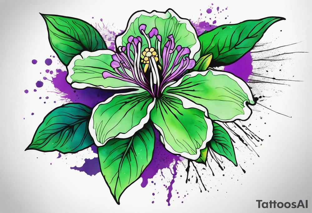 An outline of an only green rio dipladenia flower and a green and purple watercolor splash in the background tattoo idea