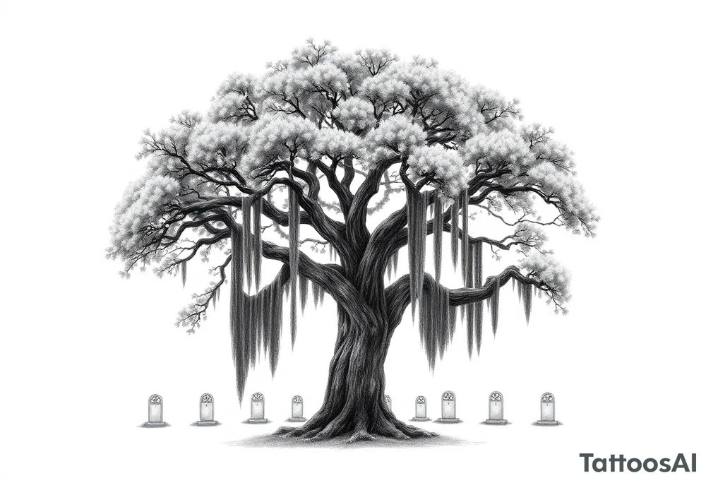 Laurel oak with Spanish moss in a cemetery tattoo idea
