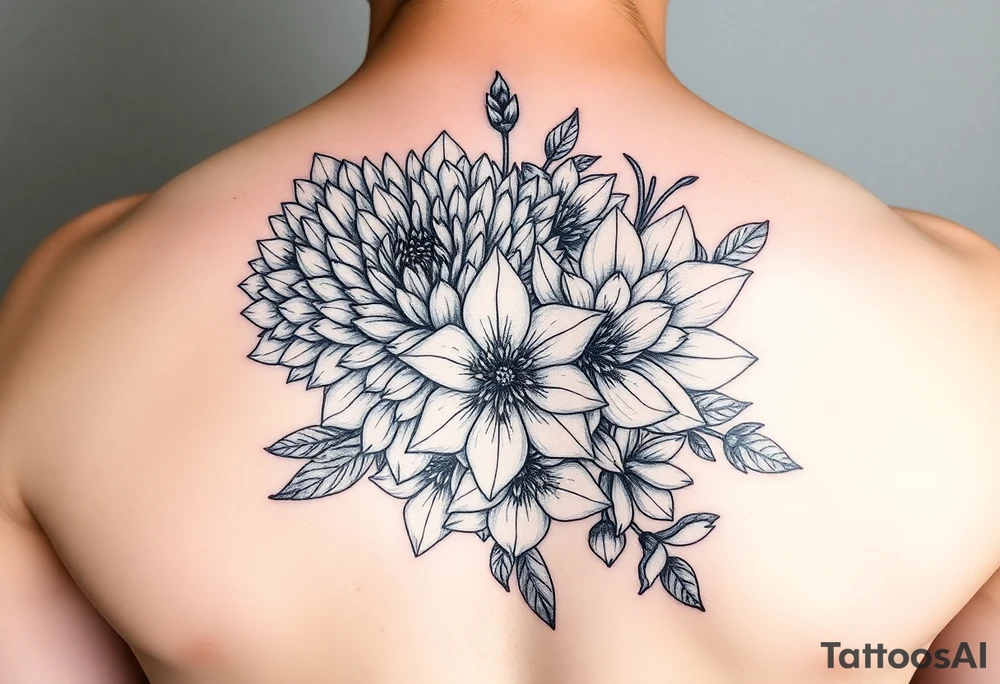 Bouquet of chrysanthemum peony cherry blossom and daffodils tattoo idea