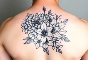 Bouquet of chrysanthemum peony cherry blossom and daffodils tattoo idea