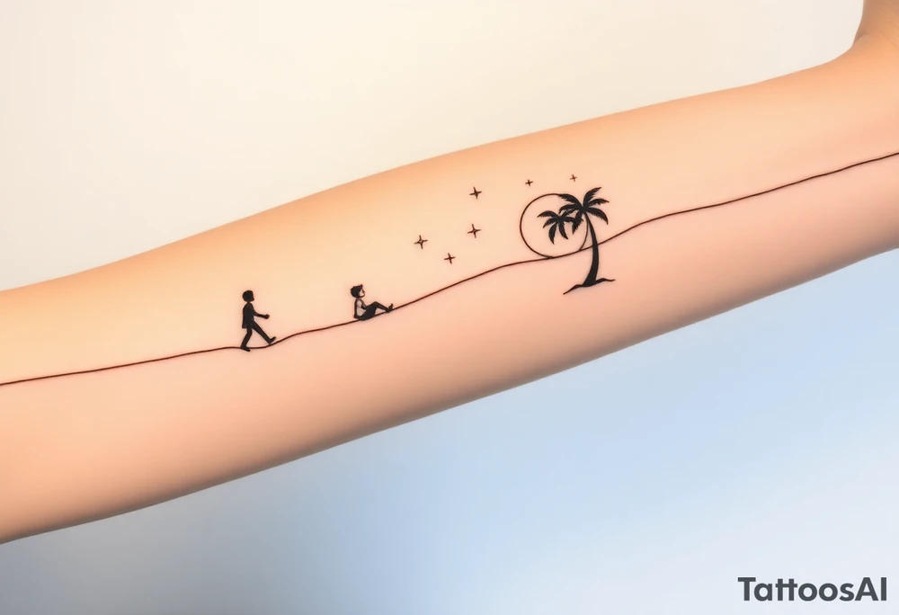 Create a minimalist tattoo design that wraps around the upper right arm, just below the armpit and above an existing blackwork sleeve.

Design Flow:

The tattoo is connected by a thin, continuous line that wraps around the arm.

On the outer/front arm, place a small, minimal walking figure on the line, moving forward. The line should have a gentle wave under his steps to create movement.

The line continues to the inner arm, where a boy is sitting on the line (with his back to the viewer, legs dangling below the line).

To the right of the boy, place a slightly leaning palm tree growing from the line.

Behind or beside the tree, include a minimal sun, low on the horizon (simple circle or half-sun).

In the space above, softly scatter minimalist stars, mostly dots, with 2–3 sparkles or tiny diamond shapes.

Style Notes:

Keep everything in fine line / minimalist style, no heavy shading

Design should feel light, dreamy, and reflective — symbolizing balance between stillness and motion

Line should echo the flow of the existing tribal/blackwork arm band below, but not mimic or clash with it

The boy should sit under the palm and with the back to the viewer tattoo idea