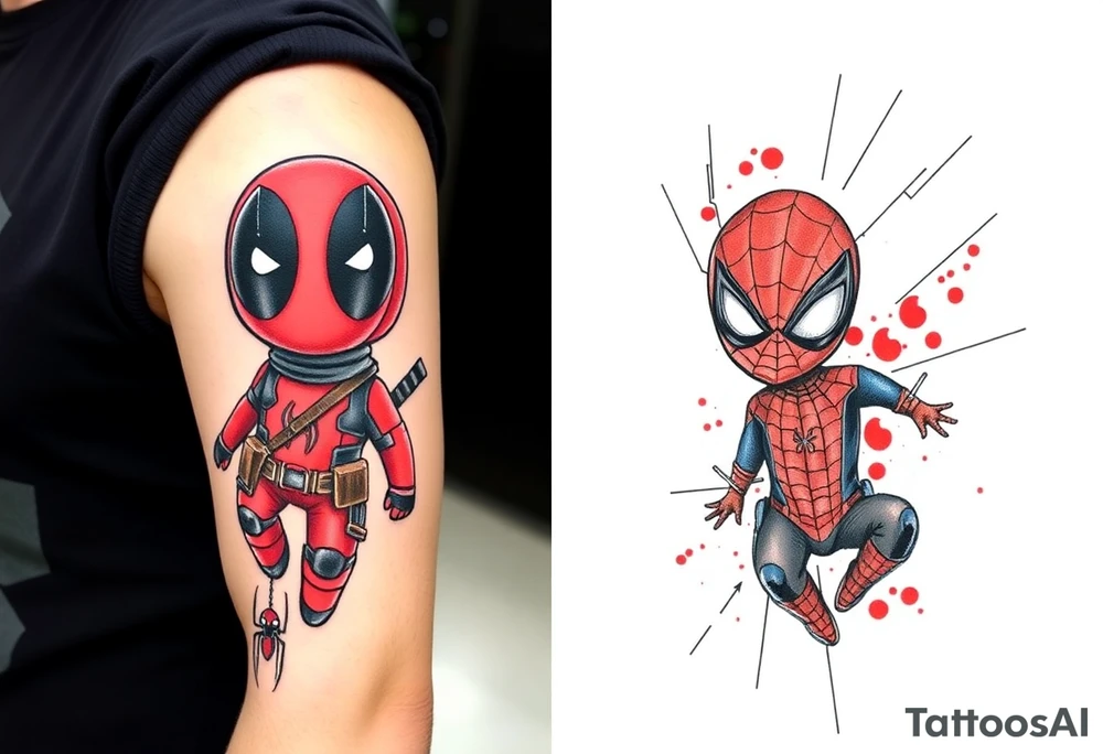 Project: Upper Arm Half-Sleeve Tattoo (Chibi Marvel Duo)
Placement: Upper Arm (Shoulder cap down to just above the elbow)
Reference Images: Chibi Deadpool (Image 1) and Chibi Spider-Man (Image 2)
Design Request & Layout:
* Please stack the characters dynamically to fit my upper arm. I'd like Deadpool positioned near the top/shoulder cap, and Spider-Man sitting near the bottom/above the elbow.
* Use the dangling spider and its web thread, along with loose, energetic construction lines, to transition between the two characters and wrap the design around the arm.
Art & Color Style:
* Linework: Please harmonize both characters into a singular, unified style—blending Deadpool's clean comic ink lines with Spider-Man's raw, cross-hatched sketchbook aesthetic.
* Color: The base of the tattoo should be gritty black-and-grey sketch shading. However, I want vibrant pops of red on their suits.
* The Splatter Effect: Instead of keeping the red cleanly inside the lines, please style the red color as a loose, dynamic watercolor/ink splatter effect that bursts out past their outlines and fades into the negative skin space. tattoo idea