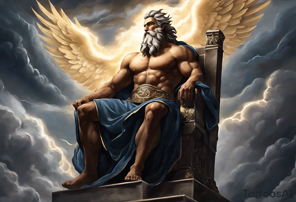 Zeus (Left Shoulder):

Zeus depicted in a seated position on a throne of clouds, holding a thunderbolt aloft in one hand.
The background could feature storm clouds with lightning bolts arcing across the sky.
Eagles, symbols of Zeus, soaring around him or perched on the throne's armrests. tattoo idea
