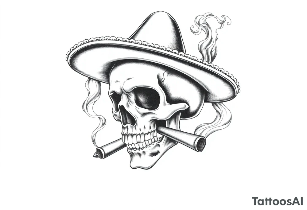 A skull with a sombrero and cigar, surrounded by swirling smoke. tattoo idea
