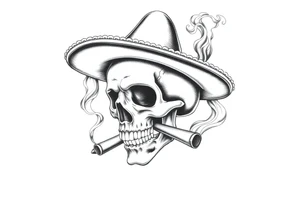 A skull with a sombrero and cigar, surrounded by swirling smoke. tattoo idea