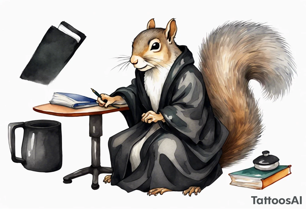 an elderly grey squirrel with a long beard wearing a black robe witting at a desk tattoo idea