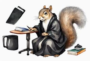 an elderly grey squirrel with a long beard wearing a black robe witting at a desk tattoo idea