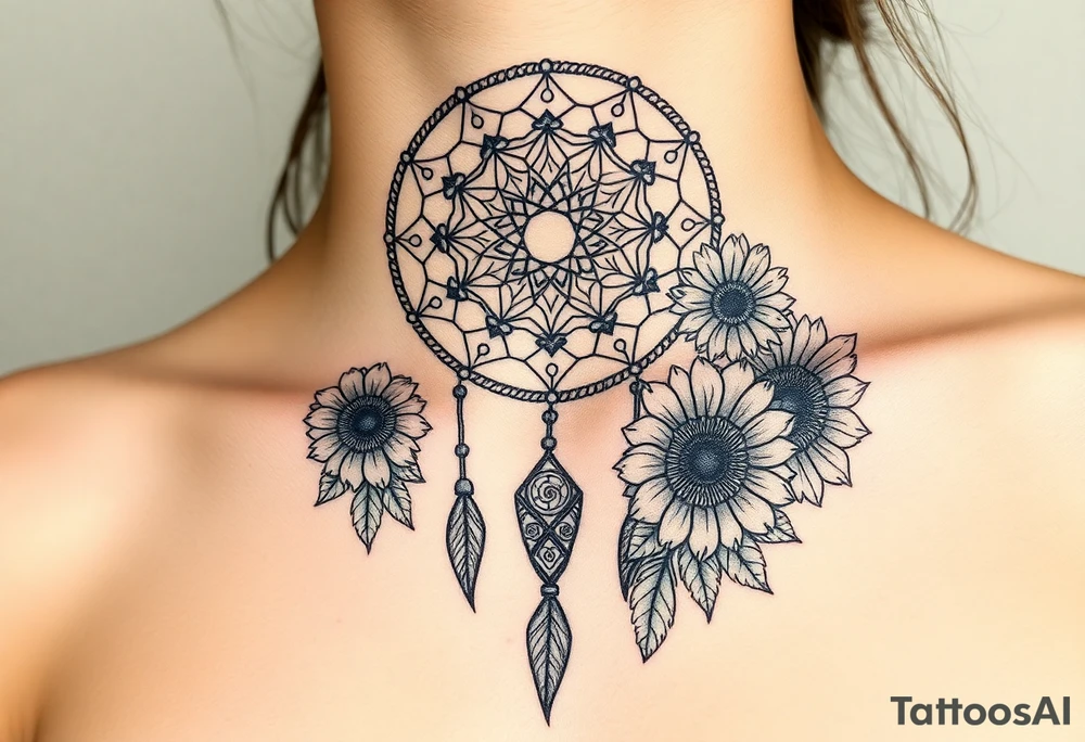 Dreamcatcher with zodiac symbols and protection runes caught in it with tigerlillies roses and sunflowers tattoo idea