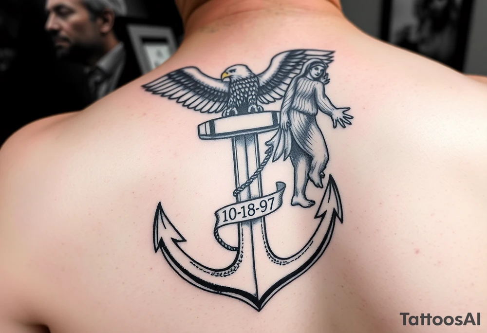 Half sleeve tattoo from shoulder to elbow consisting of American eagle on top with large naval anchor below with our lady of Guadalupe on one side of the anchor and Bigfoot on the other. I wanted the date 10-18-97 on the cross bar of the anchor tattoo idea
