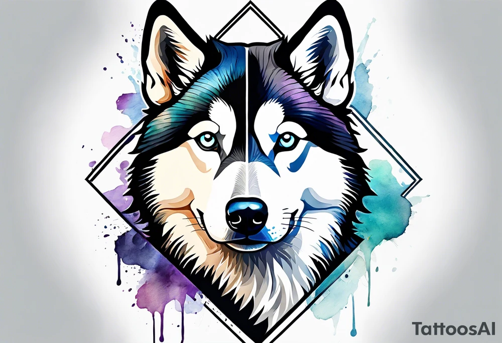 Thigh piece. A black and white Siberian husky face split in half with one half watercolor and one half geometric. tattoo idea