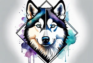 Thigh piece. A black and white Siberian husky face split in half with one half watercolor and one half geometric. tattoo idea
