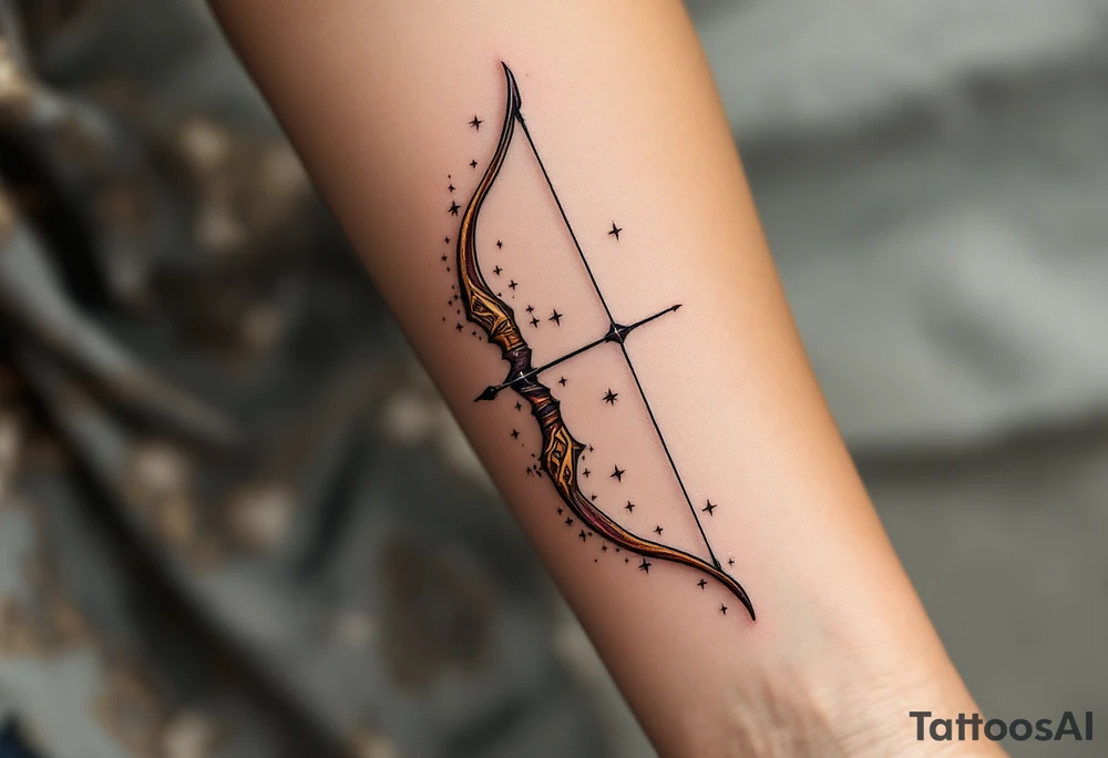 A stylized archer’s bow in burnt sienna and deep burgundy, with Sagittarius stars constellation lightly twinkling along the curve. tattoo idea