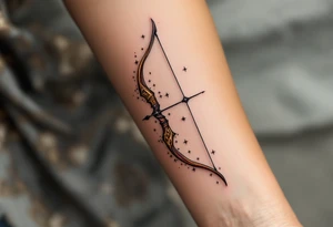 A stylized archer’s bow in burnt sienna and deep burgundy, with Sagittarius stars constellation lightly twinkling along the curve. tattoo idea