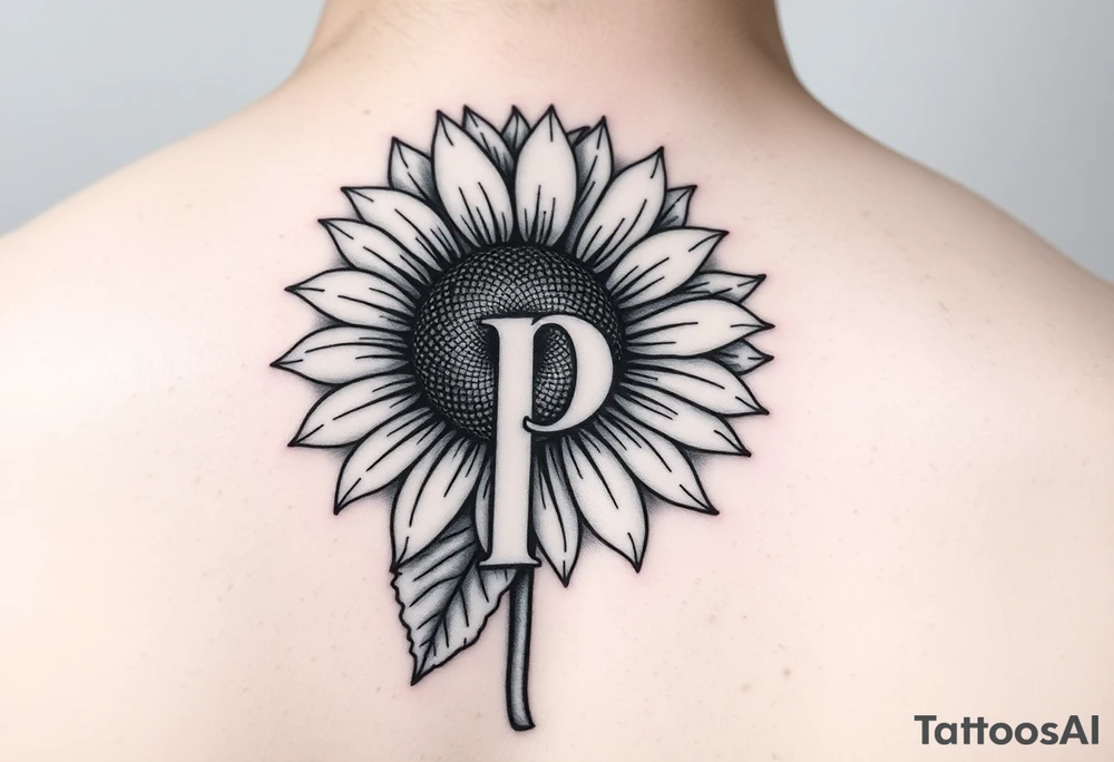 Sunflower with the letter p in the stem, black and white, small tattoo idea