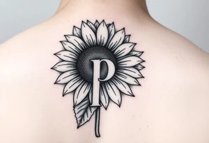 Sunflower with the letter p in the stem, black and white, small tattoo idea