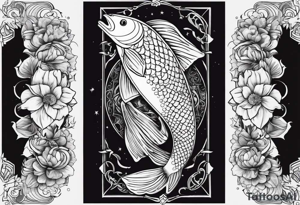 A 1/2 sleeve with 2 pisces fish incorporate sigils and cosmos in background tattoo idea