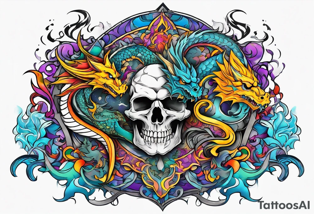 roaring dragons wizard and skull tattoo idea