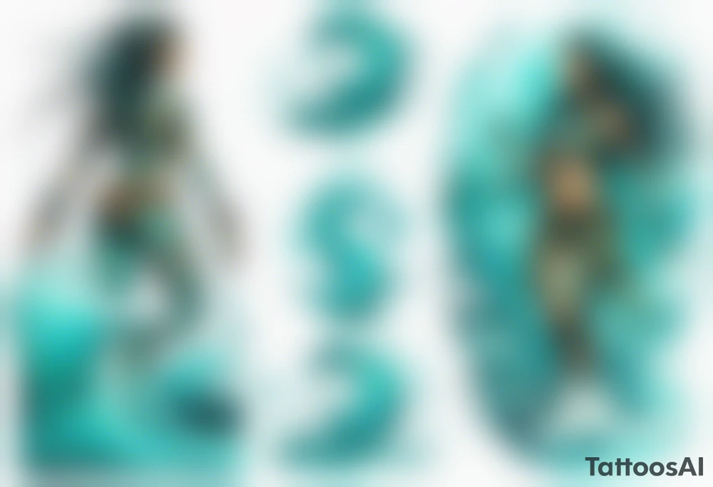a turquoise Na'vi woman standing in the sea with water for legs surrounded by crashing waves tattoo idea