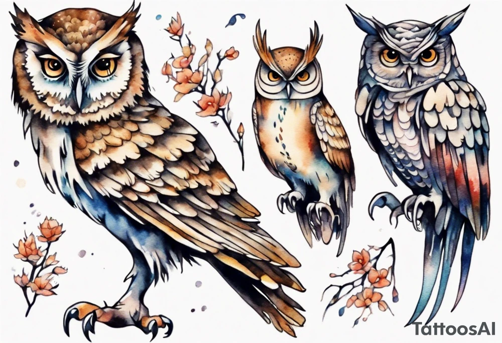 an owl with long legs walking at night tattoo idea