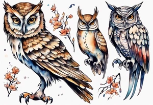 an owl with long legs walking at night tattoo idea