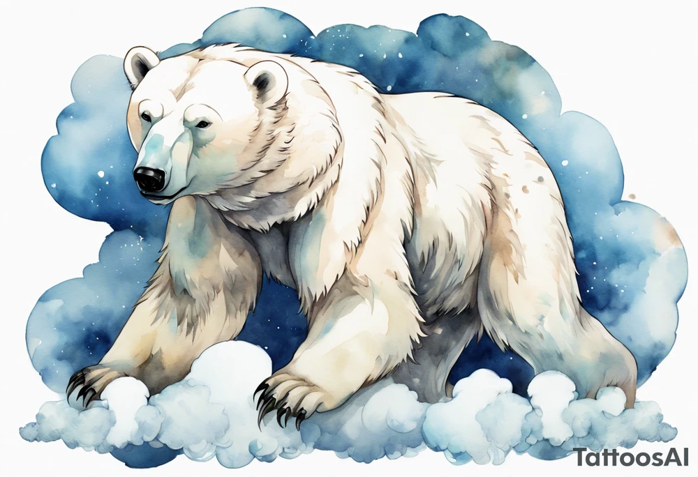 a winged polar bear, standing on clouds with wind pouring from his mouth tattoo idea