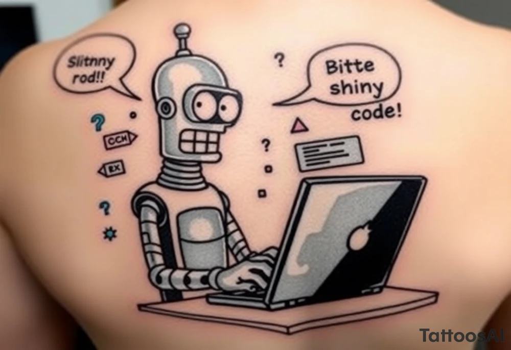 Tattoo design in colorful comic style of a robot inspired by Bender from Futurama, sitting at a desk with a laptop, surrounded by flying error messages and code snippets in C#. Add the quote 'Bite my shiny code!' in speech bubble. Fun, bold, dynamic look for shoulder placement. tattoo idea