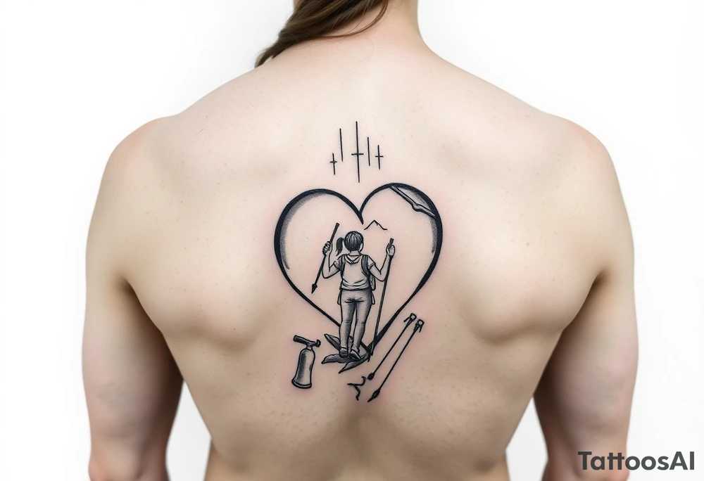one line tattoo with a woman holding hiking poles and climbing, with a little girl inside her heart cheering for her tattoo idea