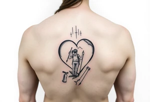 one line tattoo with a woman holding hiking poles and climbing, with a little girl inside her heart cheering for her tattoo idea