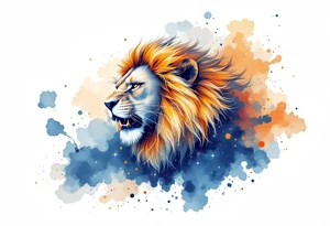 A fierce lion outlined in stardust white roams across a watercolor canvas of midnight blues and fiery oranges. tattoo idea