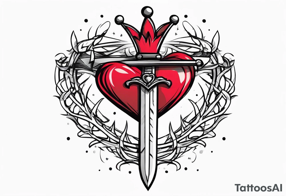 A simple design of a crown of thorns resting on the guard of a sword that is piercing a heart tattoo idea