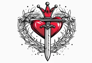 A simple design of a crown of thorns resting on the guard of a sword that is piercing a heart tattoo idea
